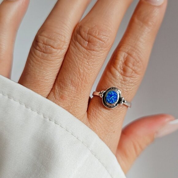 Sterling Silver Blue Opal Ring, Beaded Lab Opal Ring, Bali Opal Ring, Beaded - Picture 6 of 6